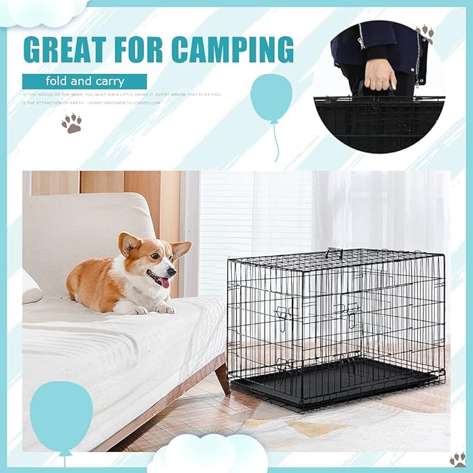 Dog Crate Cage Kennel for Large Medium Dogs Pet Puppy Playpen Wire Animal Metal Folding Travel Divider Double-Door Handle Plastic Tray Indoor Outdoor Double Lock Black Rabbit 24 30 36 42 48 inches