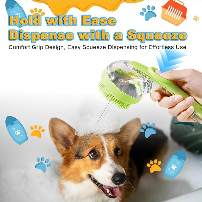 3Pcs Dog Bath Brush, Dog Scrubber for Bath, Dog Shampoo Brush Bubble Maker, Dog Paw Washer, dog grooming Massage Brush with Adjustable Ring Handle, dog accessories for Short & Long Hair -Green
