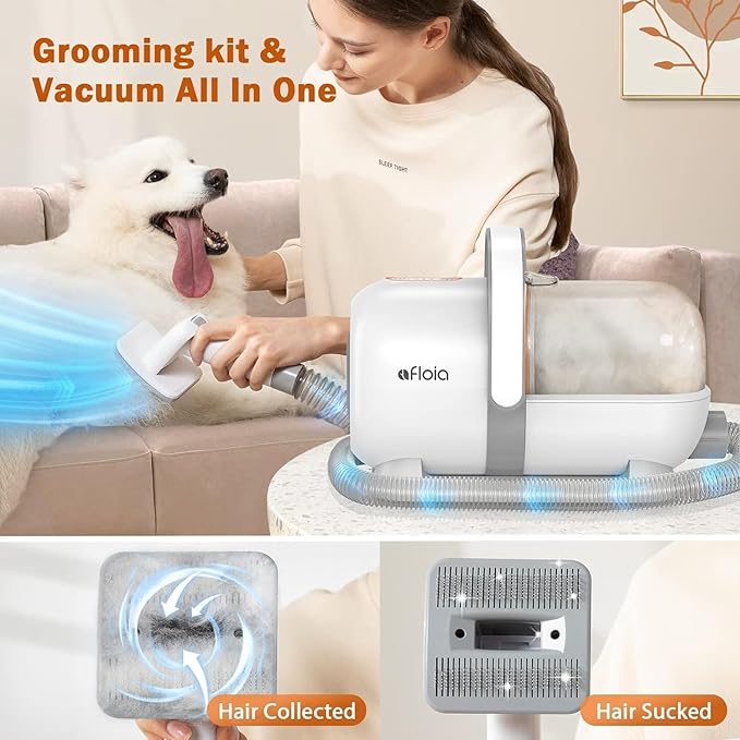Afloia Dog Grooming Kit, Pet Grooming Vacuum & Dog Clippers Nail Trimmer Grinder & Dogs Brush for Shedding with 6 Pets Grooming Tools, Low Noise Dogs Hair Remover Pets Supplies (White)
