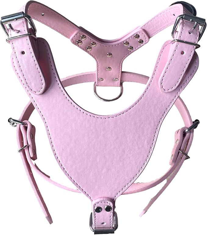 Leather Dog Harness Chest for 26"~34" Large Dogs Pitbull Mastiff Boxer Bully Black/Pink/Red/Gold Brown/Leopard/Brown (Pink)