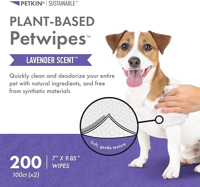 Petkin Plant-Based PetWipes, 100 Wipes, 2 Pack - Biobased, Sustainable, Big & Thick Pet Wipes for Dogs & Cats - for Face, Paws, Ears, Body & Eye Area - Consciously Cleans & Conditions - Lavender