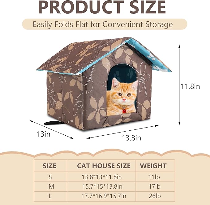 Outdoor Cat House Water Oxford Cloth Warm Cat House Removable Foldable, Outdoor Houses for Feral Cats Dogs (Leaf Pattern, Small House)