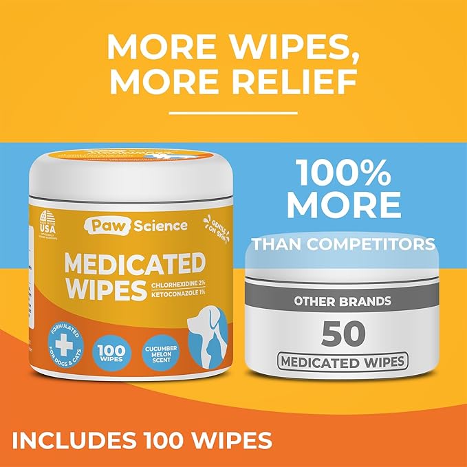 Antibacterial & Antifungal Medicated Wipes for Dogs and Cats – 100 Count - Chlorhexidine Wipes with Ketoconazole for The Treatment of Rashes, Skin Infections, Itchy Paws, and Pet Acne