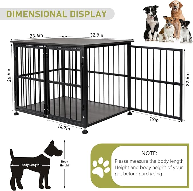 32 Inch Dog Crate Furniture, Heavy Duty Dog Kennel with Side Door, Decorative Pet House End Table, Wooden Cage Kennel Furniture Indoor, Grey