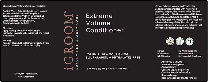 iGroom Extreme Volume Dog Conditioner, Luxury Pet Beauty Care, Adds Body and Volume, Repairs Damage, Made in USA, 16 oz