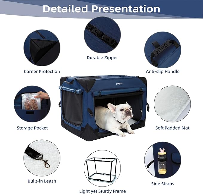 Pettycare 26 Inch Collapsible Dog Crate with Curtains Travel Dog Crate for Airflow and Calm Soft Pet Kennel with Portable Bag and More Chew Proof Mesh Indoor & Outdoor Navy Blue 4 Door Curtains
