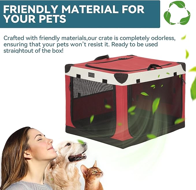 PETSFIT Soft Sided Dog Crate, with Patented Adjustable Fabric Cover, Chewproof & Lockable Mesh Doors, Waterproof Base Collapsible Kennel Red 30 Inch