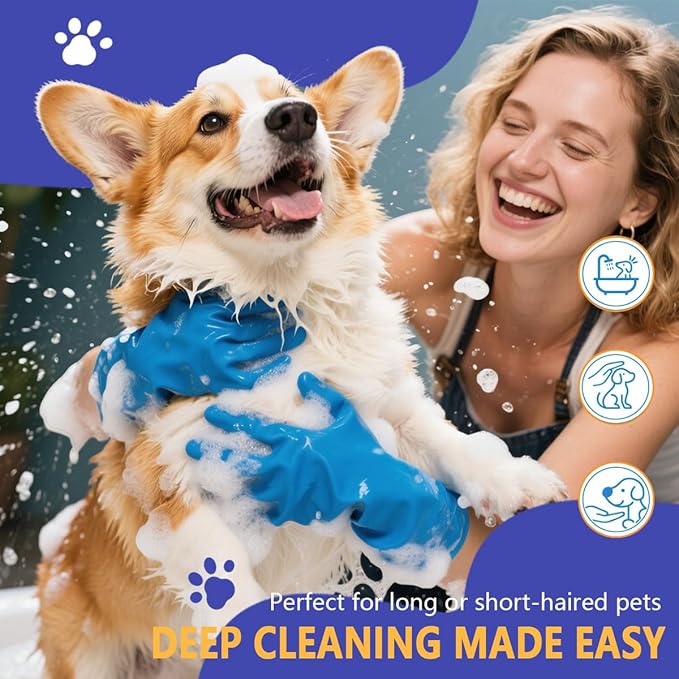 7-in-1 Pet Grooming Kit Dog Washing Gloves and Bath Brush Cat Shampoo Brush & Dog Toothbrush with Silicone Massage Bristles & Bubbler (Blue)