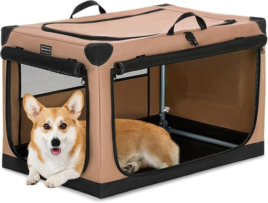 PETSFIT Portable Dog Crate, with Patented Adjustable Fabric Cover, Chewproof & Lockable Mesh Doors, Waterproof Base Collapsible Kennel Khaki 30 Inch
