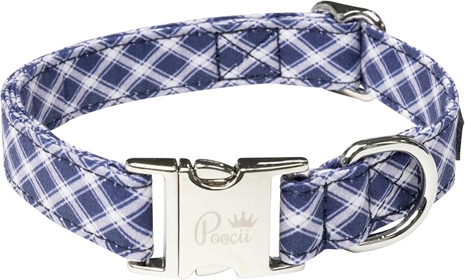 Durable Cotton Blend Dog Collar, Cute & Stylish, Adjustable with Metal Locking Clasp, Made in USA (Blue Plaid, Small)