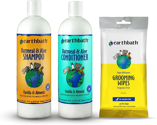 earthbath, Oatmeal & Aloe Dog Shampoo and Conditioner Set & Hypo-Allergenic Grooming Wipes - Oatmeal Shampoo for Dogs, Fragrance Free Dog Wipes for Paws and Butt, Cruelty-Free - 16 Oz Each, 30 Wipes