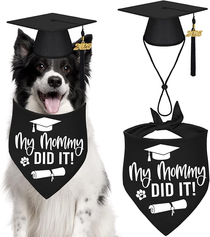 STMK Graduation Dog Cap with 2024 Tassels - Cap & My Mommy Did It Bandana for Small, Medium & Large Dogs (Black)