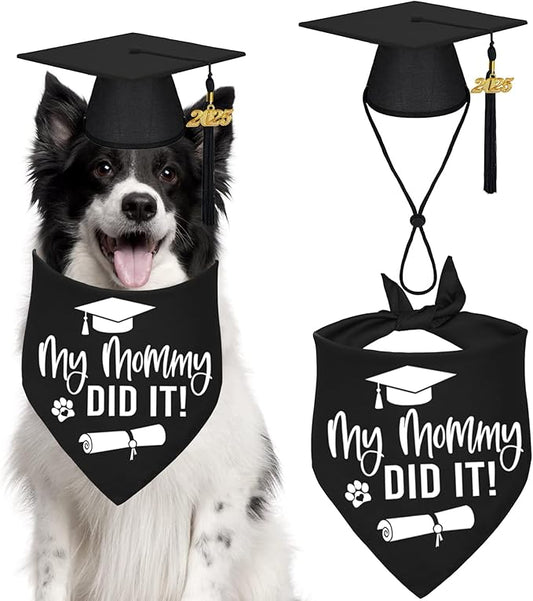 STMK Graduation Dog Cap with 2024 Tassels - Cap & My Mommy Did It Bandana for Small, Medium & Large Dogs (Black)