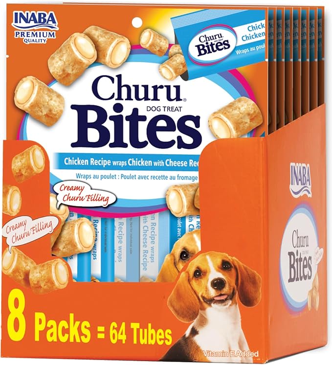 INABA Churu Bites for Dogs, Soft & Chewy Baked Chicken Wrapped Filled Dog Treats with Vitamin E, 0.42 Ounces Each Tube, 64 Tubes (8 per Pack), Chicken with Cheese Recipe