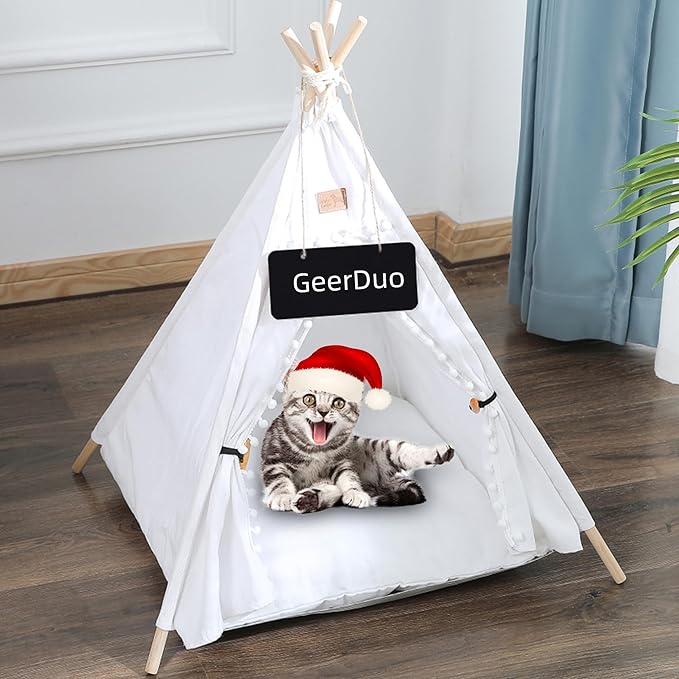 Pet Teepee, Portable Pet Tents for Small Dogs or Cats, Puppy Sweet Bed Washable Dog or Cat Houses with Cushion(White,24")