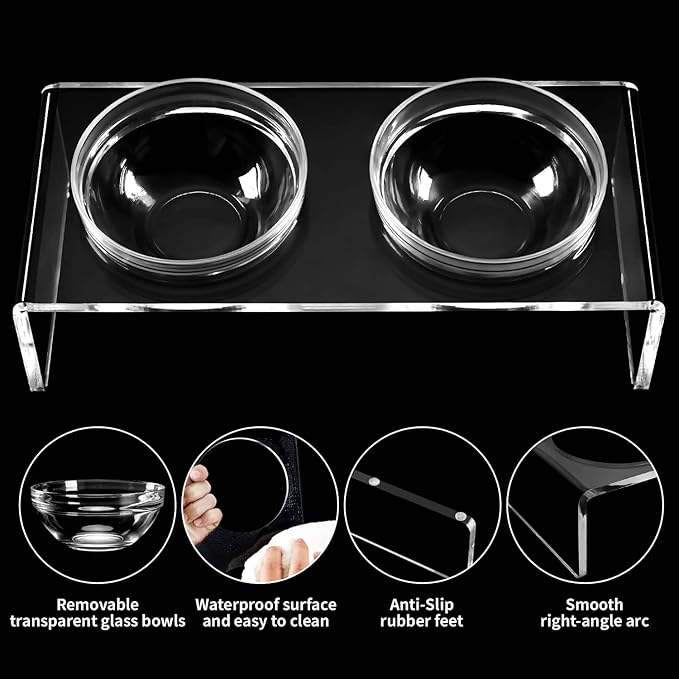 Acrylic Elevated Dog Cat Bowls Pet Feeder Double Bowl Raised Stand Comes with 2 Removable Glass Bowls and 2 Stainless Steel Bowls.Perfect for Cats Puppies Small Dogs