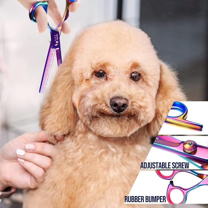 Gimars Dog Grooming Scissors Kit Professional 4CR with Safety Round Tip, 5 in 1 Heavy Duty Titanium Coated Thinning & Curved & Straight Shears