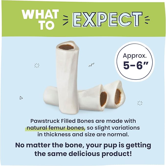 Pawstruck Large 5-6" Filled Dog Bones, Peanut Butter Flavor - Made in USA Long Lasting Stuffed Femur for Aggressive Chewers Dental Treat - Pack of 3 - Packaging May Vary