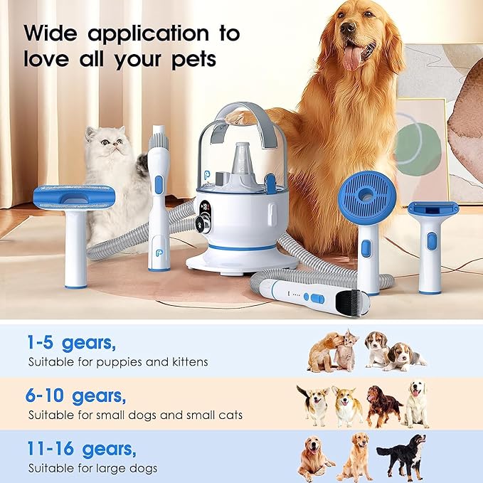 GAOMON Pet Grooming Vacuum kit, Professional Dog Vacuum for Shedding Grooming with 2 L Pet Hair Dust Cup, 5 in 1 Proven Grooming Tools Picks Up 99% Pet Hair, 16 Levels Suction Adjustable