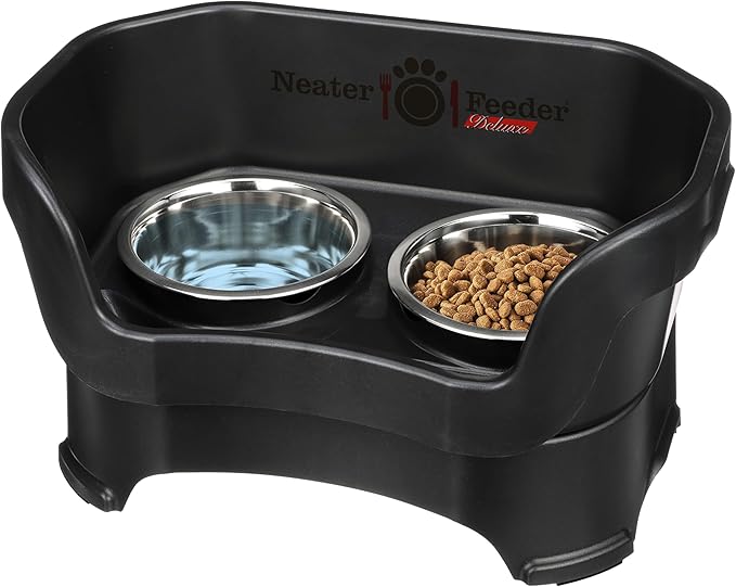 Neater Feeder Deluxe Mess Proof Dog Bowls Elevated Medium Sized Dog Breed – Made in USA – No Spill Raised Dog Food Bowl Stand – Stainless Steel Food and Water Bowl Set, Pet Feeding Station, Black