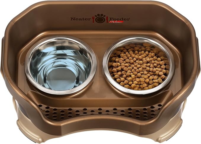 Neater Feeder Deluxe Mess Proof Dog Bowls Elevated for Small Breed – Made in USA – No Spill Raised Dog Food Bowl Stand – Stainless Steel Food and Water Bowl Set, Pet Feeding Station, Bronze