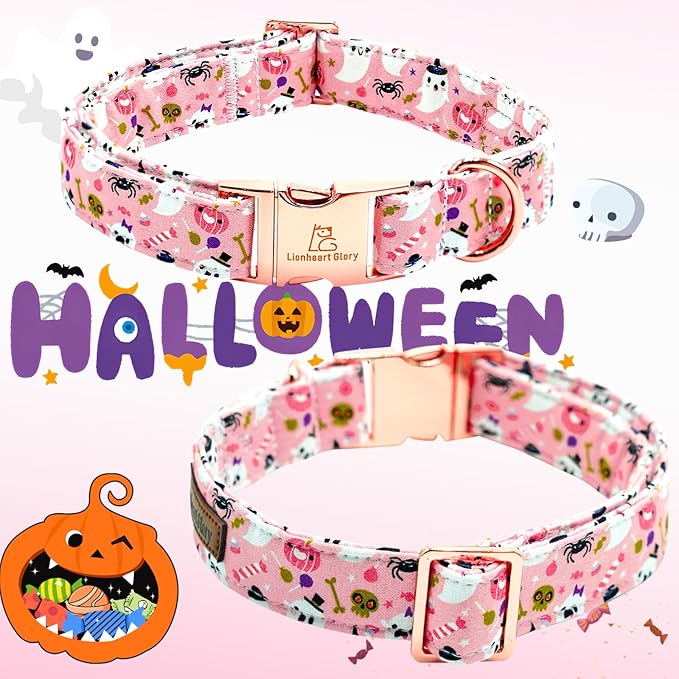 Lionheart glory Dog Collar Fall Halloween Pumpkin Collars Dog Heavy Comfortable Adjustable Pink Dog Collar for Medium Collar Dogs Girls Boys Dog Collar Cute Pet Gift