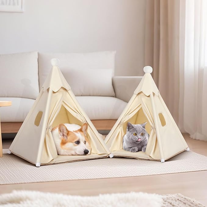Pet Teepee Tent House for Small Cats & Mini-Dogs 16x16x16in, Small Cat House, Mini-Dog House for Chihuahuas, More Stable, Indoor, S for Pets Up to 15lbs, White