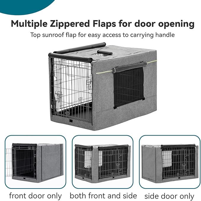 PETSFIT 36 Inch Wire Dog Crate Cover, Double Doors, Mesh Window, Detachable Top and Back Flap, Grey