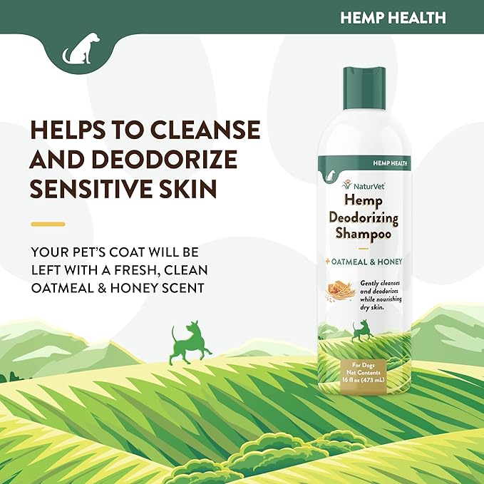 NaturVet – Hemp Deodorizing Shampoo for Dogs - Plus Oatmeal & Honey – 16 oz – Gently Cleanses & Deodorizes Skin & Coat – Enhanced with Hemp Seed Oil, Coconut Oil & Aloe Vera Extract