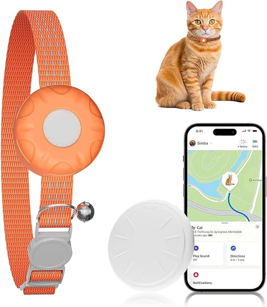 Cat Tracker, Pet Tracker for Cats, Cat GPS Tracker Collar with Safety Elastic Buckle, GPS Tracker Compatible with Apple Find My App (Only iOS), No Monthly Fee, Waterproof, Orange