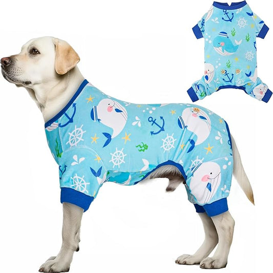 KYEESE Dog Pajamas Velvet Dog Pajamas Medium Sized Dogs Soft Dogs Clothes Pjs with Whale Pattern Stretchy Pet Jammies Coat Comfy Pet Onesie Costume, 2X-Large