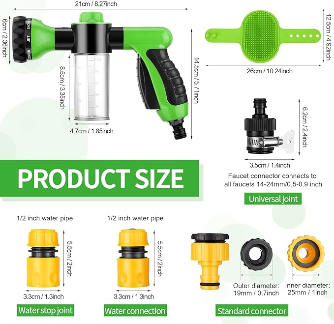 6 Pieces Dog Wash Hose Attachment with Soap Dispenser Pet Bathing Tool Set Dog Comb Brush for Pet Washing(8.27 x 4.72 x 5.51 Inch,Green)