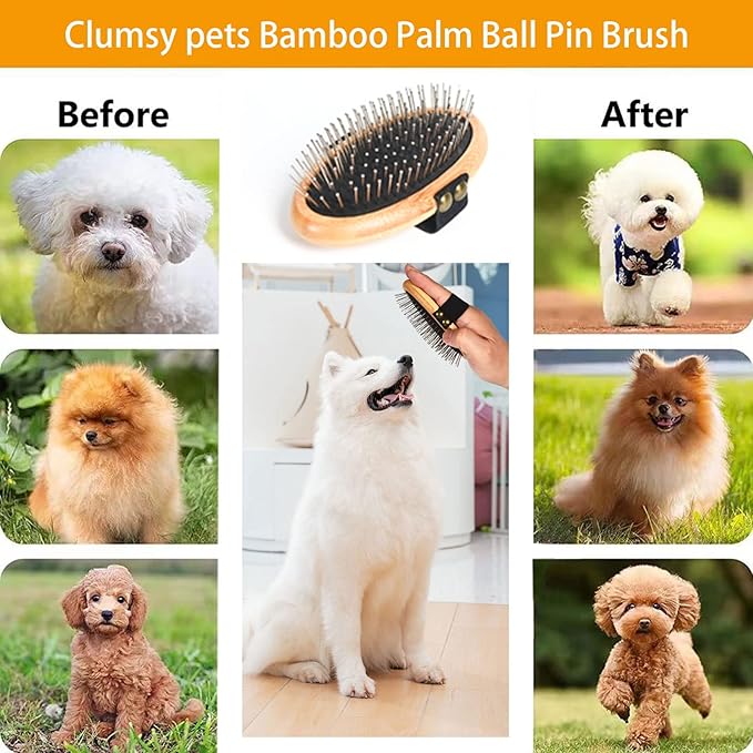Bamboo Palm Ball Pin Brush for Small Dog & Cat Grooming Massaging Shedding and Bath Metal Pin Pets Tools