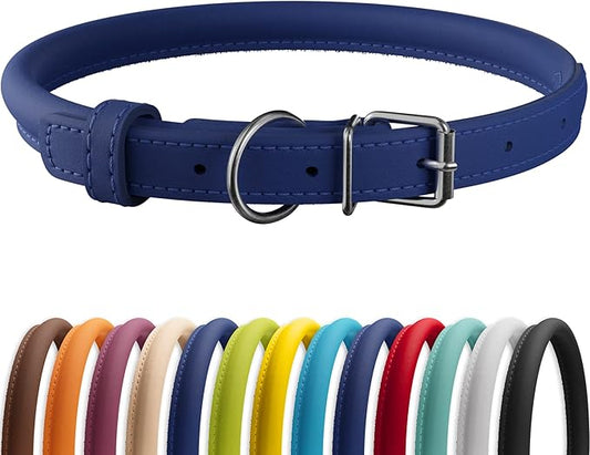 CollarDirect Rolled Leather Dog Collar, Soft Padded Round Puppy Collar, Handmade Genuine Leather Collar Dog Small Large Cat Collars 13 Colors (18-22 Inch, Deep Blue Smooth)