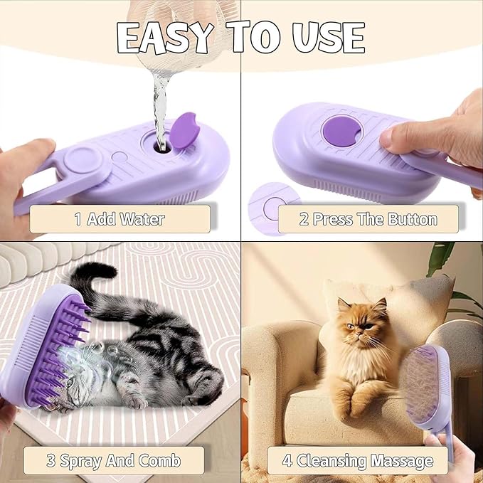 Cat Steam Brush for Shedding, Steam Brush for Indoor Cats, Water Brush, Cat Spray Mist Massaging Brush, Pet Hair Removal Brush, Suitable for Cats, Dogs and Rabbits, Cat Cleaning Brush