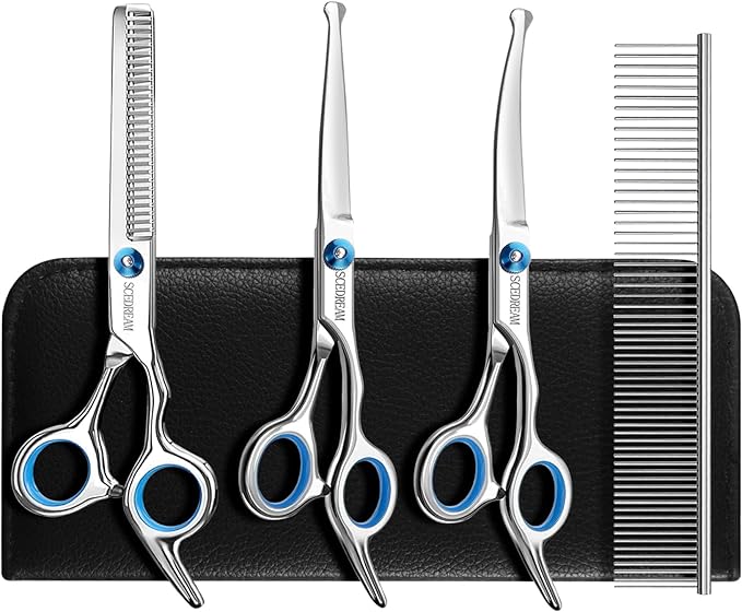 Dog Grooming Scissors for Dogs with Safety Round Tips, 5 in 1 Dog Scissors for Grooming, Professional Curved Pet Grooming Shears Set for Dogs and Cats