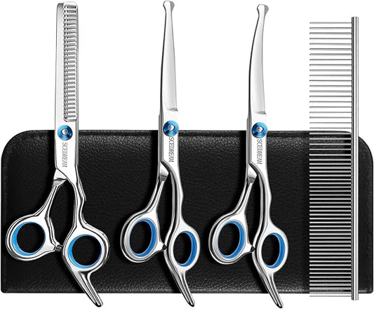Dog Grooming Scissors for Dogs with Safety Round Tips, 5 in 1 Dog Scissors for Grooming, Professional Curved Pet Grooming Shears Set for Dogs and Cats