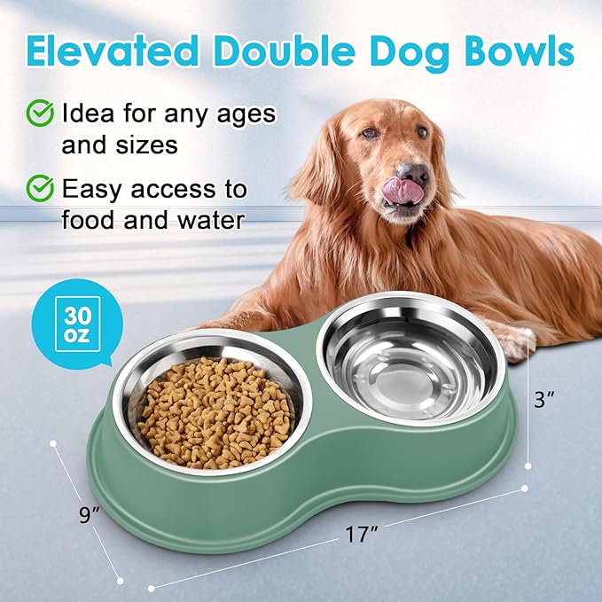 Dog Bowls Large Double Dog Water and Food Bowls Stainless Steel Bowls with Non-Slip Resin Station, Pet Feeder Bowls Food Dish for Small Medium Large Dogs Cats