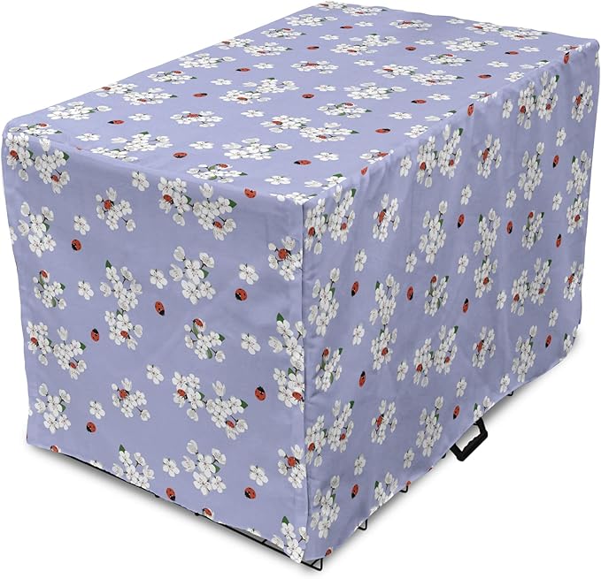 Ambesonne Floral Dog Crate Cover, Japanese Flowers Sakura Blossoms and Ladybugs on Soft Toned Background, Easy to Use Pet Kennel Cover for Medium Large Dogs, 48 Inch, Pale Ceil Blue White
