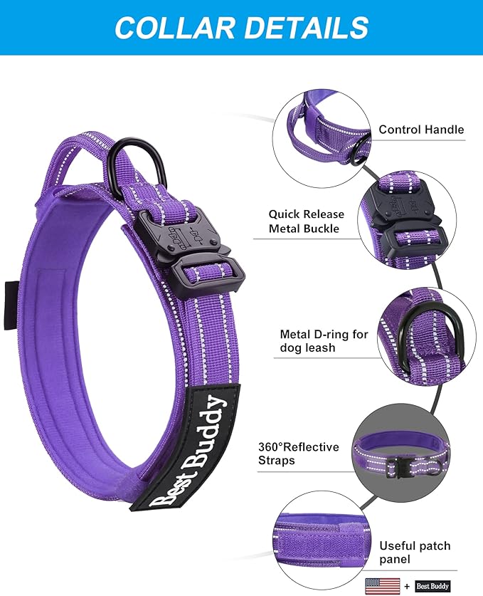 AUBELL Tactical Dog Collar and Leash Set, Adjustable Military Nylon Reflective Dog Leash and Collar with Handle and Heavy Metal Buckle for Medium Large Dogs, with Airtag Case and 2 Patches(Purple, M)