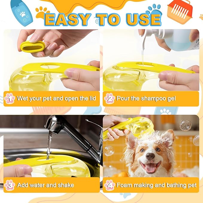 3Pcs Dog Bath Brush, Dog Scrubber for Bath, Dog Shampoo Brush Bubble Maker, Dog Paw Washer, dog grooming Massage Brush with Adjustable Ring Handle, dog accessories for Short & Long Hair -Yellow