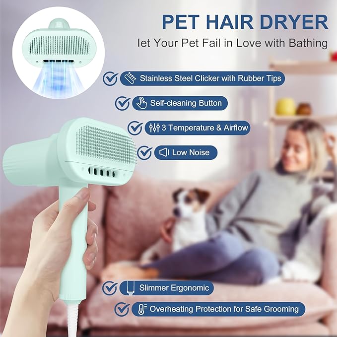 L&W BROS. Low Noise Pet Blow Dryer with Slicker Brush - Adjustable Temperature, Overheating Protection for Grooming (Light Blue)