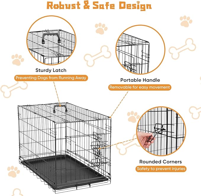 DUMOS Dog Crate, 30 Inch Medium Double Door Dog Cage with Divider Panel and Plastic Leak-Proof Pan Tray, Folding Metal Wire Pet Kennel for Indoor, Outdoor, Travel