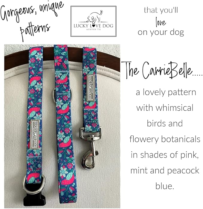 Lucky Love Dog, Whimsical Bird Dog Collar, Vivid Pink, Mint, Blue Flowers Small Dog Collar, Adjustable Collars for Female Male Dogs - (S, Carriebelle Collar)