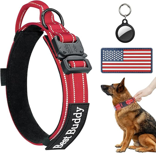 AUBELL Reflective Tactical Dog Collar, Adjustable Military Nylon Dog Collar with Handle and Heavy Duty Metal Buckle for Medium Large Dogs, with Airtag Case and 2 Patches(Red, XL)