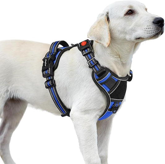 Eagloo Dog Harness for Large Dogs, Easy Wearing with 3 Buckles, Adjustable No Pull Pet Harness with 2 Rings for Walking, No Chock Reflective Soft Padded Vest with Control Handle, Blue & Black, L