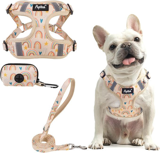 PUPTECK No Pull Dog Harness and Leash Set Reflective No Choke Step in Puppy Halter for XS Small and Medium Sized Dogs, Beige, Printed Fabric, M