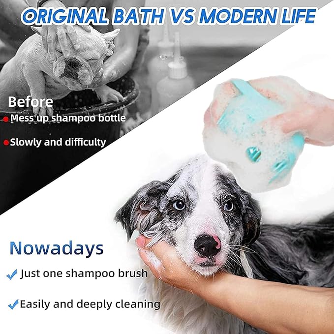 goodbark's Pet Grooming Bath Massage Brush with Soap and Shampoo Dispenser Soft Silicone Bristle for Long Short Haired Dogs Cats Shower (Blue)