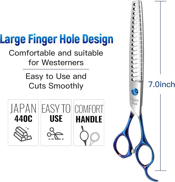 Fenice Peak Grooming Scissors for Dogs 7 inch Chunker Pet Grooming Scissors Ergonomically Designed Blue Handles Ideal Dog Shears for Precise Trimming Easy Use.
