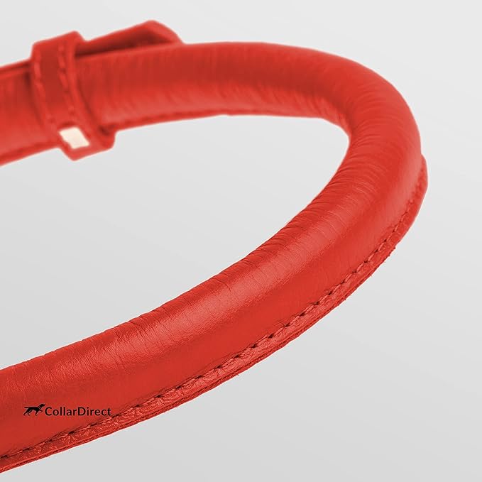 CollarDirect Rolled Leather Dog Collar, Soft Padded Round Puppy Collar, Handmade Genuine Leather Collar Dog Small Large Cat Collars 13 Colors (12-15 Inch, Red Textured)